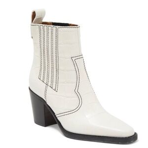 Ganni White Croc-Embossed Western Style Ankle Booties